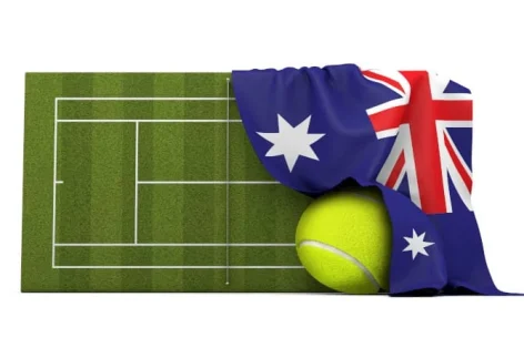 Foto da bandeira da Austrália pendurada sobre uma quadra de tênis de grama e renderização de bola
