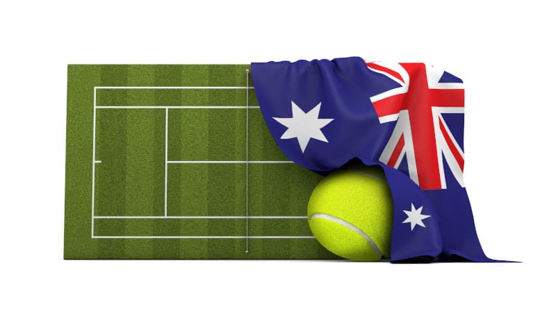 Foto da bandeira da Austrália pendurada sobre uma quadra de tênis de grama e renderização de bola