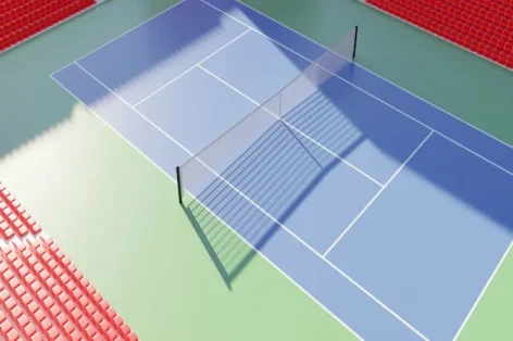 Foto quadra de tênis ao ar livre, campo esportivo aberto e vazio com rede e assentos acima da vista 3d