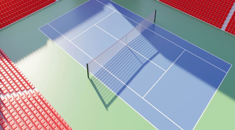 Foto quadra de tênis ao ar livre, campo esportivo aberto e vazio com rede e assentos acima da vista 3d