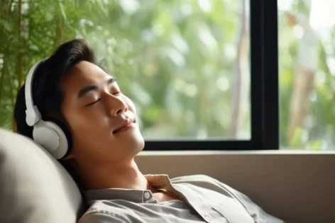 Calmo homem asiático sentado no sofá ouvindo música audiolivro desfrutando de meditação para dormir e paz em fones de ouvido sem fio