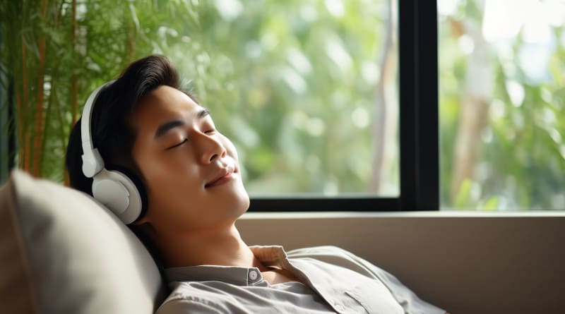 Calmo homem asiático sentado no sofá ouvindo música audiolivro desfrutando de meditação para dormir e paz em fones de ouvido sem fio