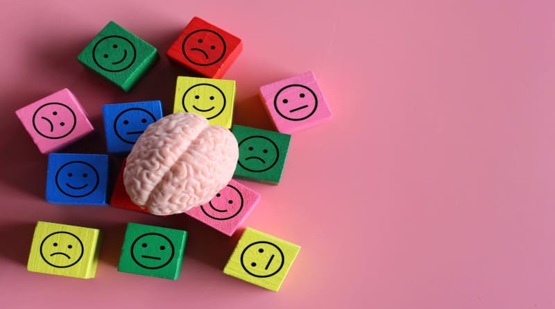 Foto do cérebro humano com ícone feliz, neutro e triste, saúde mental, mudanças de humor, conceito de transtorno bipolar