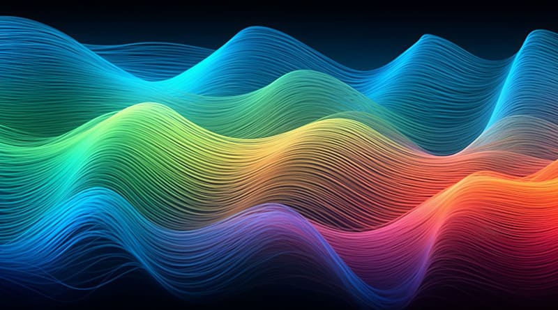 Composição fotográfica abstrata de formas de onda listradas apresentando um arco-íris vibrante de cores criando um visual cativante