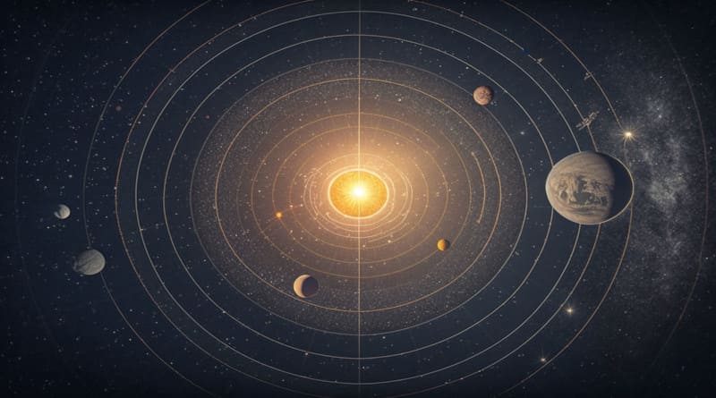 Foto do sistema solar esquema o sol com planetas no fundo estelar do universo fornecido pela nasa