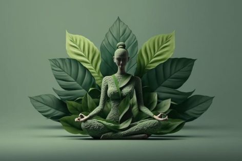 Foto 21 de junho, dia internacional da ioga, mulher feita com folhas verdes em pose de ioga generativa ai