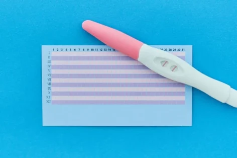 Foto positiva de teste de gravidez de duas listras com calendário do período de ovulação