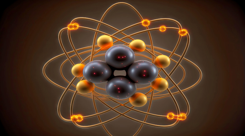 Foto modelo cojava de átomos e órbita atômica com prótons e nêutrons em fundo escuro