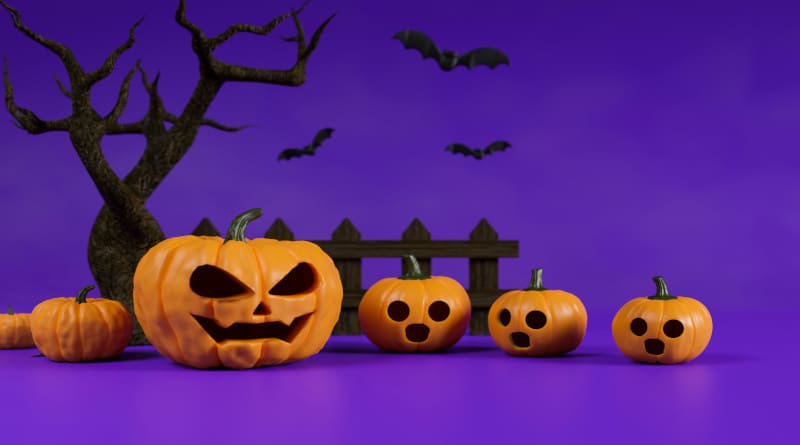 Foto de lâmpadas de abóbora de decoração de halloween decoradas em fundo roxo com renderização em 3d de árvore seca