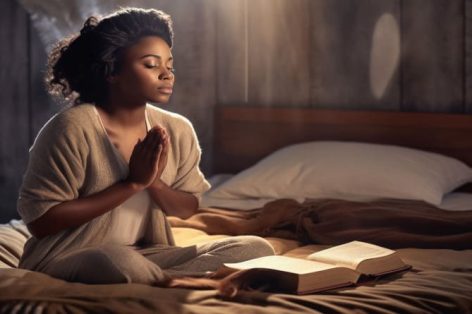 Photo africanamerican girl praying with a bible on her hands and candles