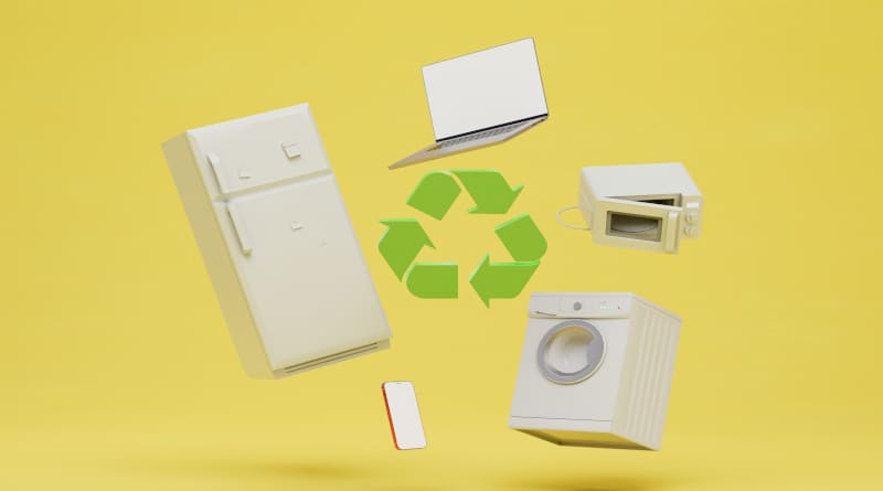 Foto do conceito de reciclagem de eletrodomésticos e smartphones antigos e defeituosos renderização 3d
