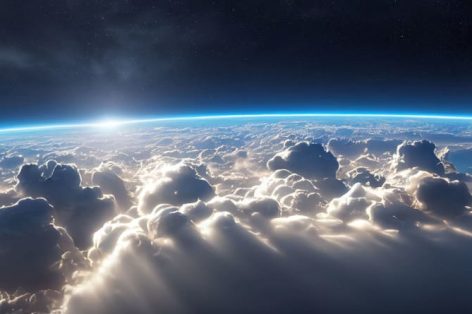 Foto esplêndida paisagem nublada acima da atmosfera terrestre com espaço estrelado no horizonte
