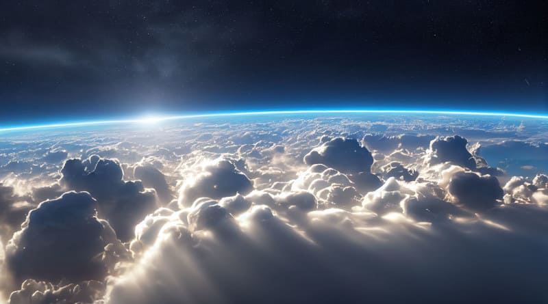 Foto esplêndida paisagem nublada acima da atmosfera terrestre com espaço estrelado no horizonte