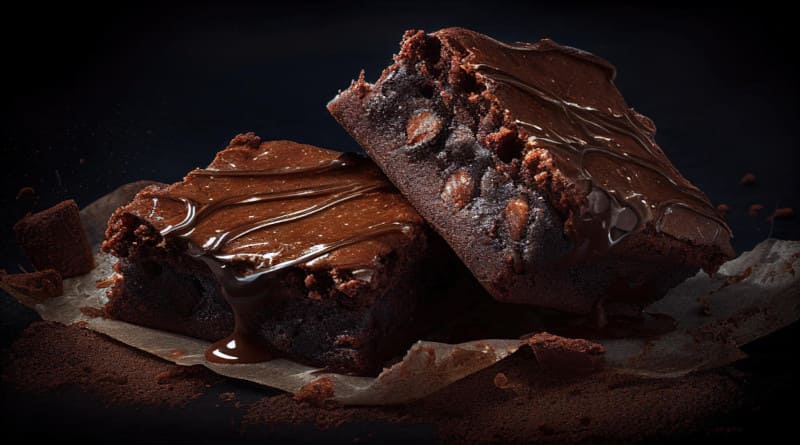 Brownies de chocolate com cobertura de chocolate em um fundo preto