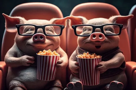 Foto de dois porcos sentados em uma sala de cinema com óculos 3D e pipoca gerada por IA