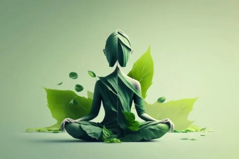 21 de junho, dia internacional da ioga, mulher feita com folhas verdes em pose de ioga Ai generativa