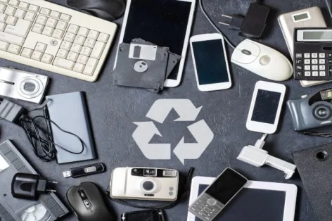 Dispositivos eletrônicos antigos em um fundo escuro O conceito de reciclagem e descarte de lixo eletrônico
