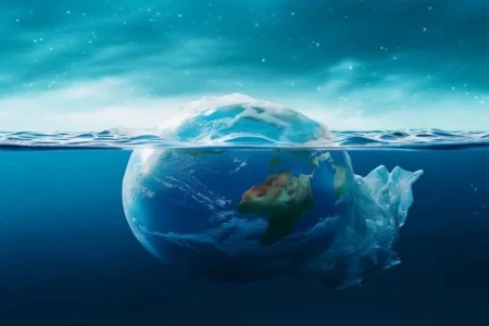 Planeta Terra em plástico Terra lutando no oceano por causa do plástico