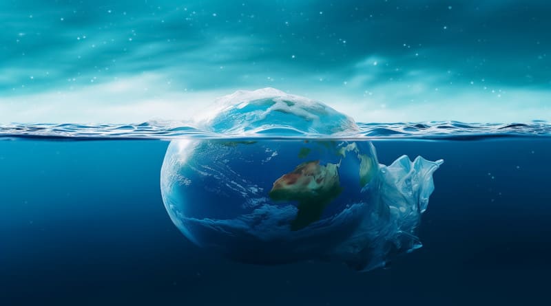 Planeta Terra em plástico Terra lutando no oceano por causa do plástico